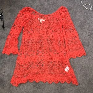 Coral-Pink See through Bathingsuit cover up